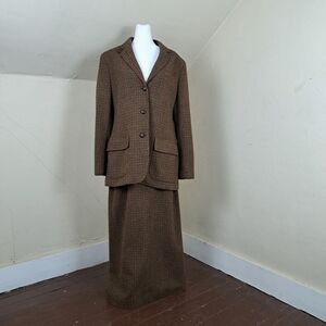 Vintage Lauren Ralph Brown Plaid Houndstooth Long Skirt Suit Pure Wool Size 12